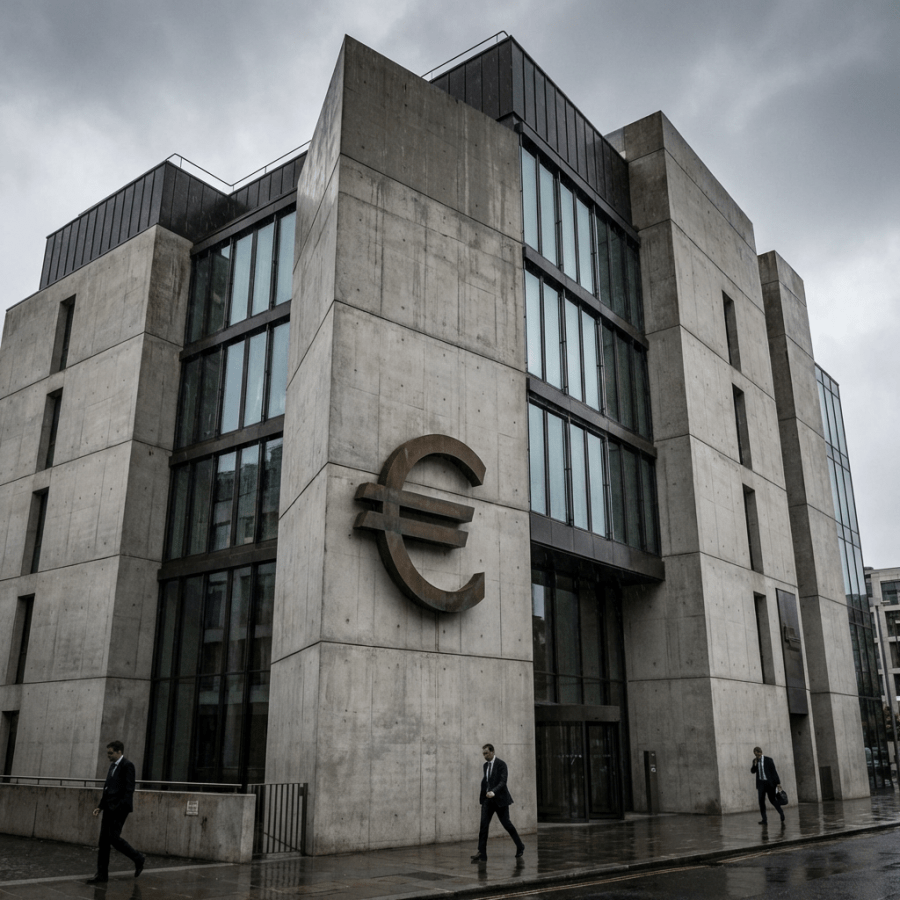 Modern concrete building with a large Euro symbol and people walking on a wet sidewalk.