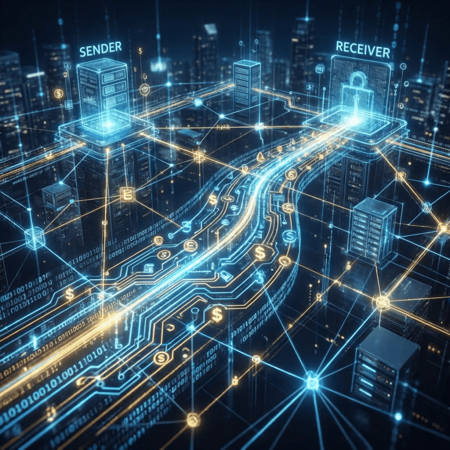 Secure transaction visualization between SENDER and RECEIVER showing flowing currency symbols and binary data.