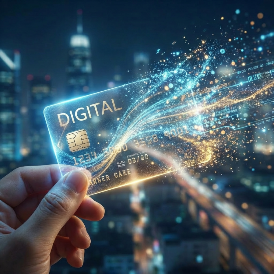 A hand holds a glowing translucent AURUM DIGITAL credit card against a blurred night cityscape.