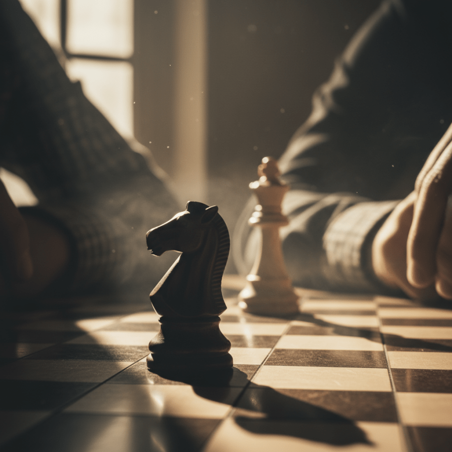 Close-up of a black knight piece on a chessboard during a match with two players.