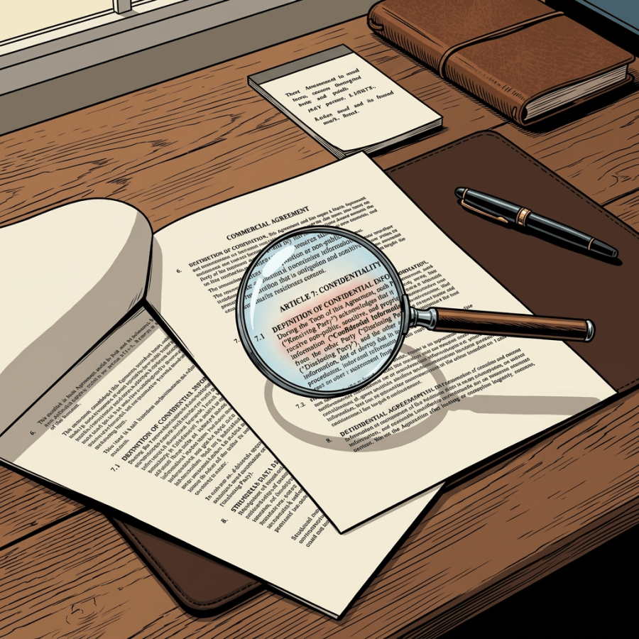 Hand holding magnifying glass over confidentiality section of legal agreement